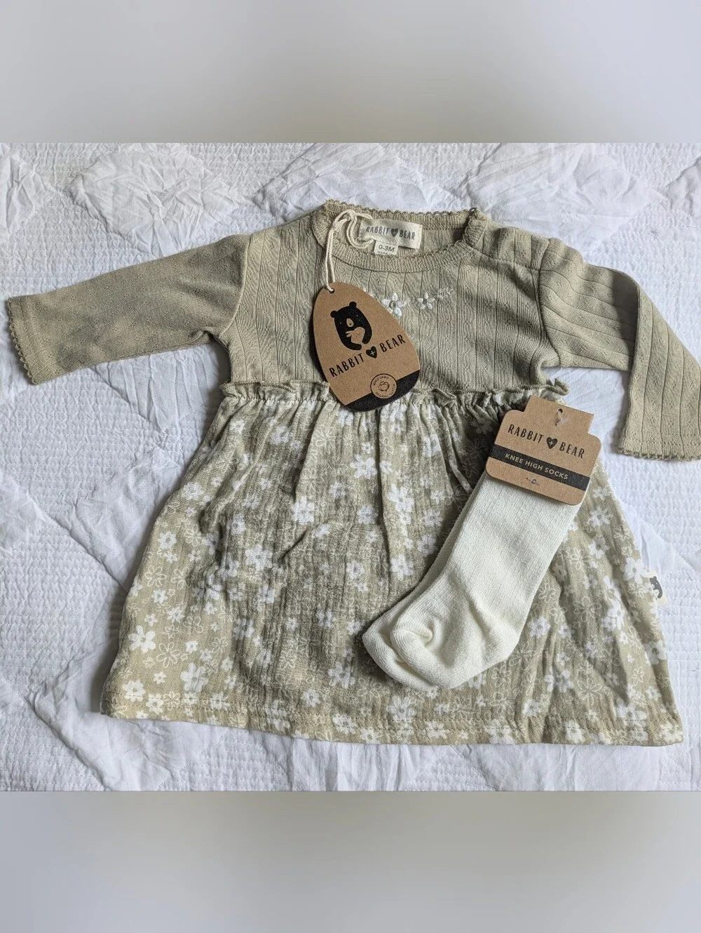 NWT...Rabbit + Bear Organic Cotton Blend Dress W/ Knee High Socks Size0-3 Months